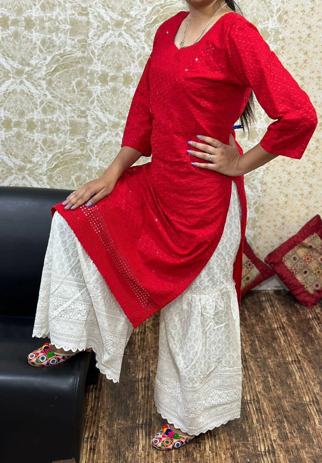 Red Cutwork Embroidered Kurti with Full Chikan Ghaara Set