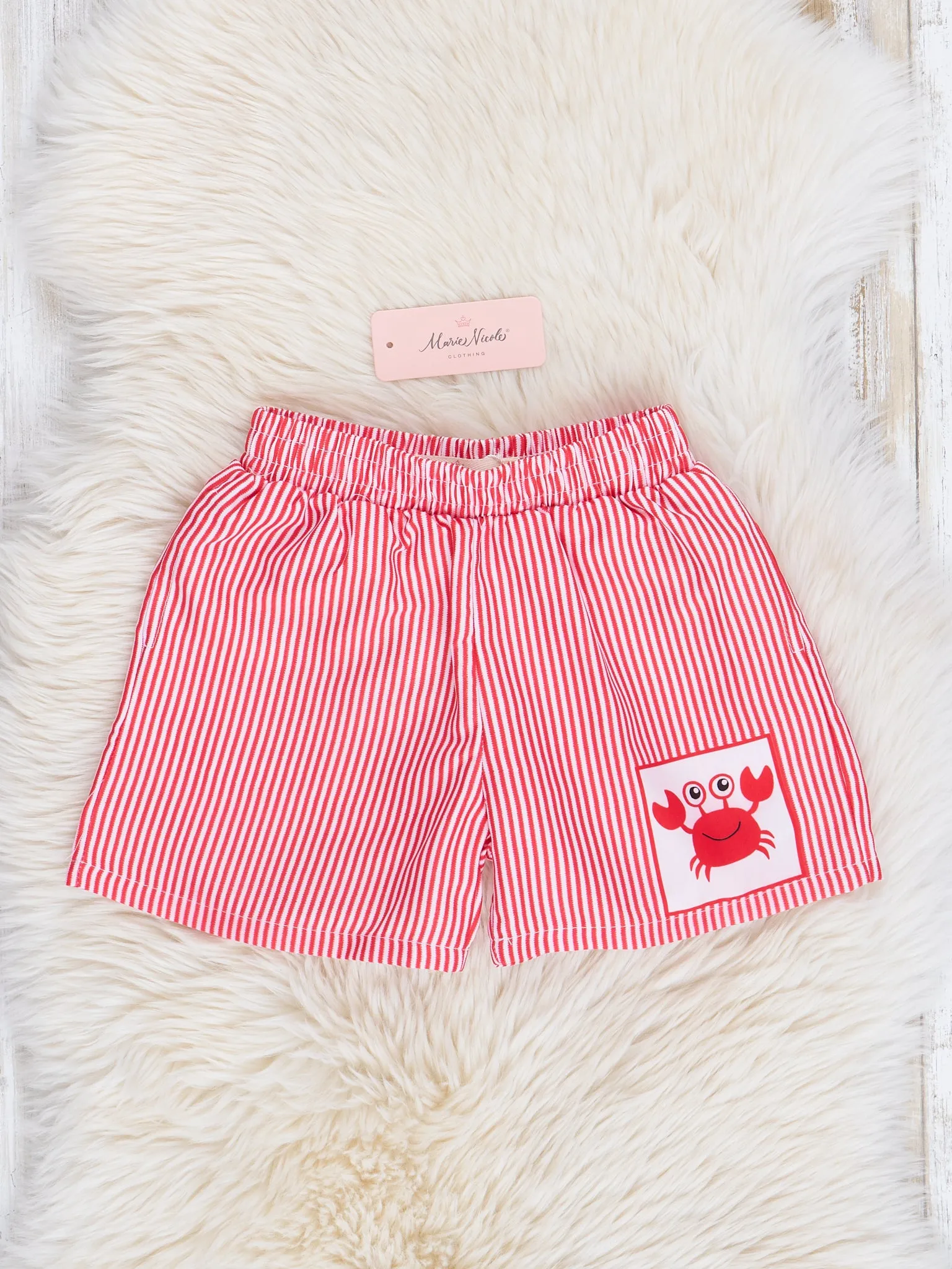 Red Happy Crab Striped Swim Trunks