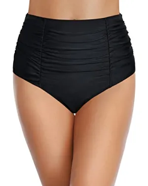 Ruched High Waisted Bikini Bottom Tummy Control Swim Bottom-Black