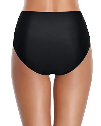 Ruched High Waisted Bikini Bottom Tummy Control Swim Bottom-Black