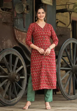 Ruhi Red Hand Block Print Cotton Straight Kurta