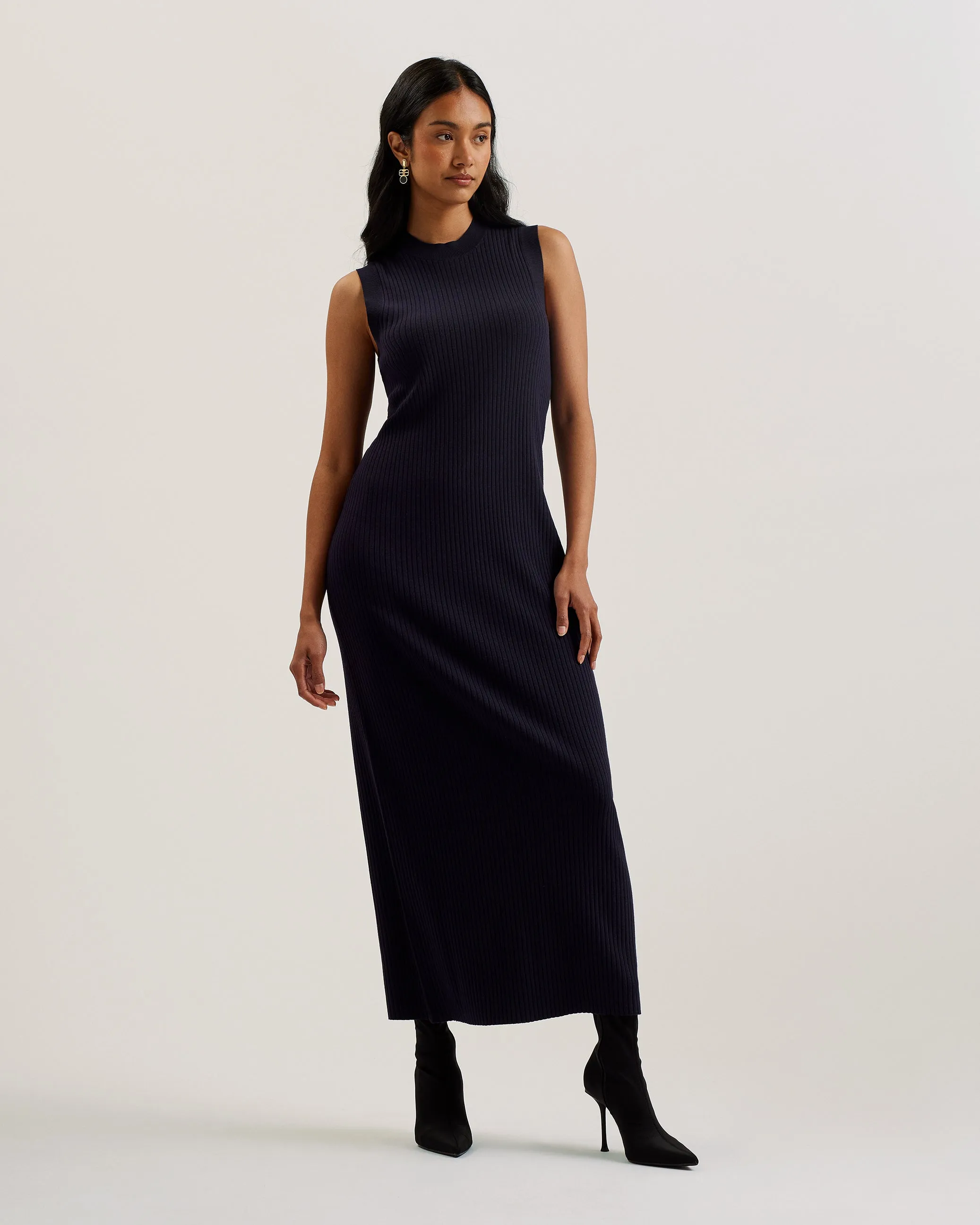 Sandiii Ribbed Crew Neck Knitted Column Maxi Dress Navy