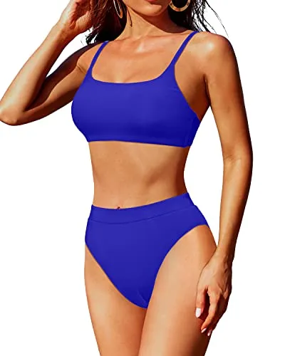 Scoop Neck Women's High Waisted High Leg Bikini With Full Coverage Bottom-Royal Blue