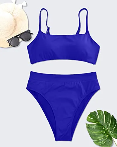 Scoop Neck Women's High Waisted High Leg Bikini With Full Coverage Bottom-Royal Blue