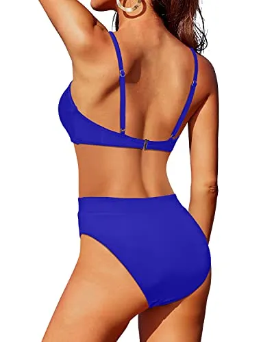 Scoop Neck Women's High Waisted High Leg Bikini With Full Coverage Bottom-Royal Blue