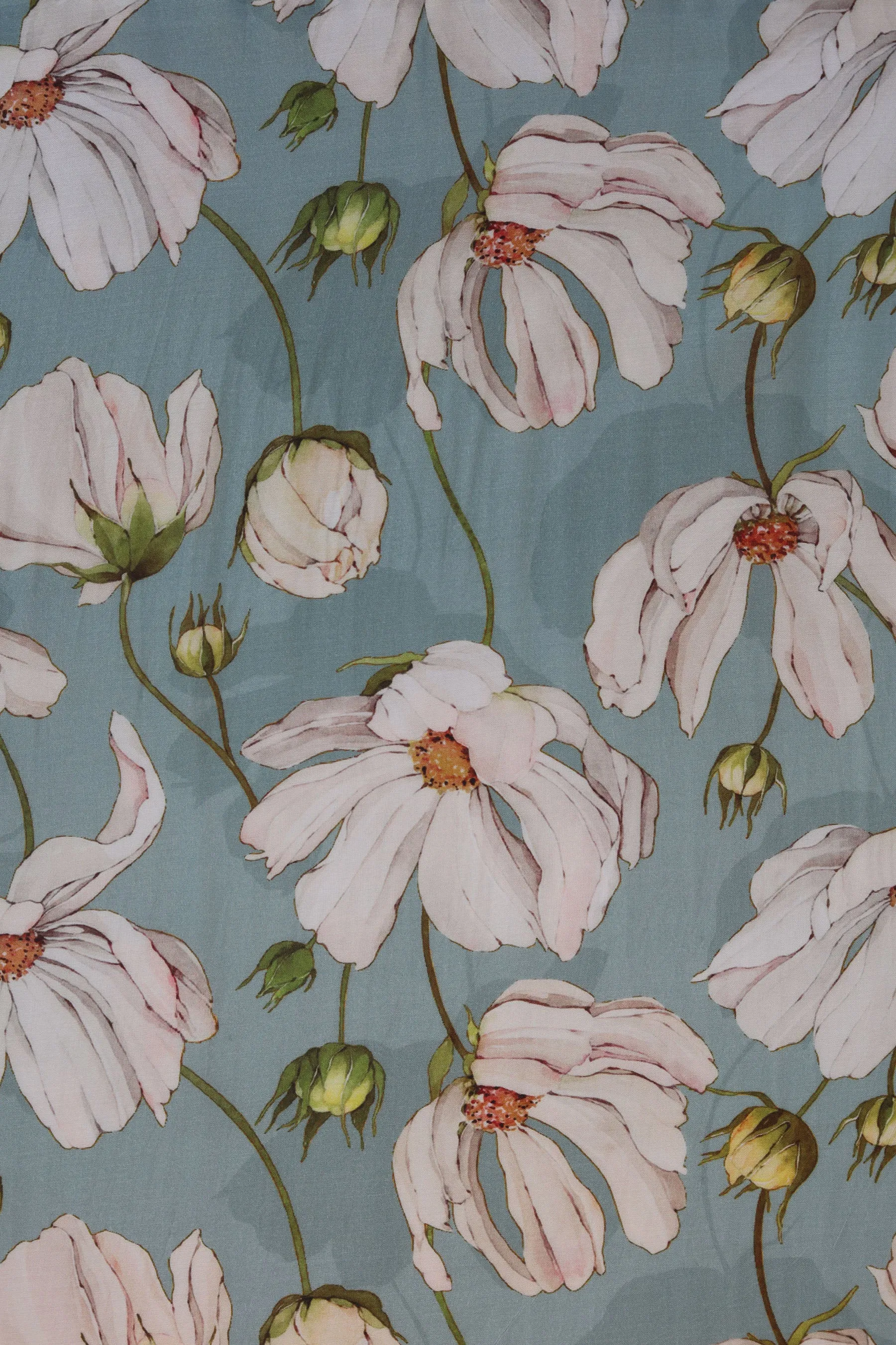 Sea Green and White Floral Pattern Printed Natural Muslin Silk Fabric