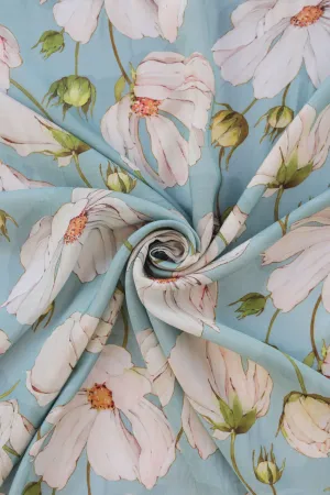 Sea Green and White Floral Pattern Printed Natural Muslin Silk Fabric