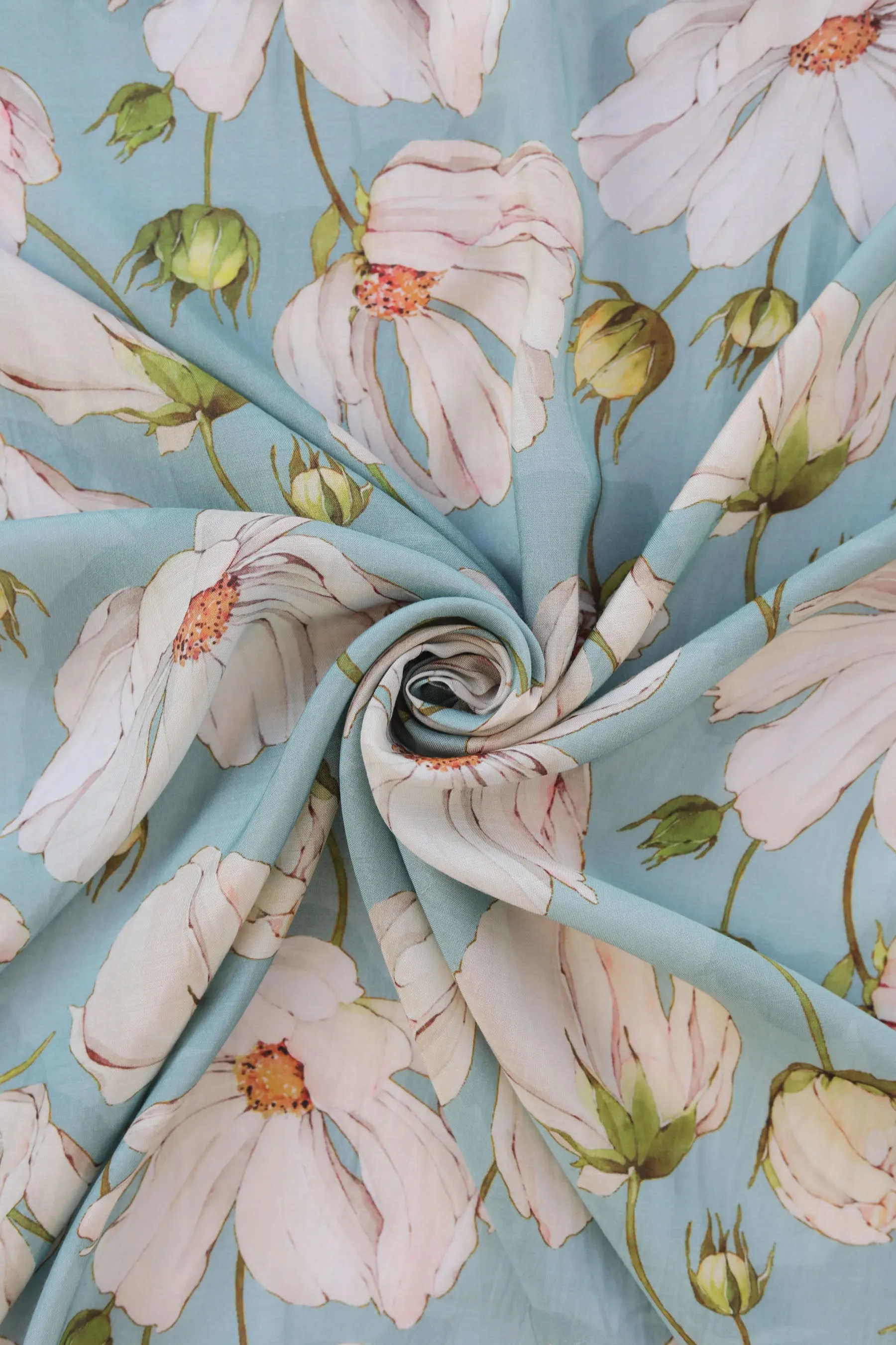 Sea Green and White Floral Pattern Printed Natural Muslin Silk Fabric