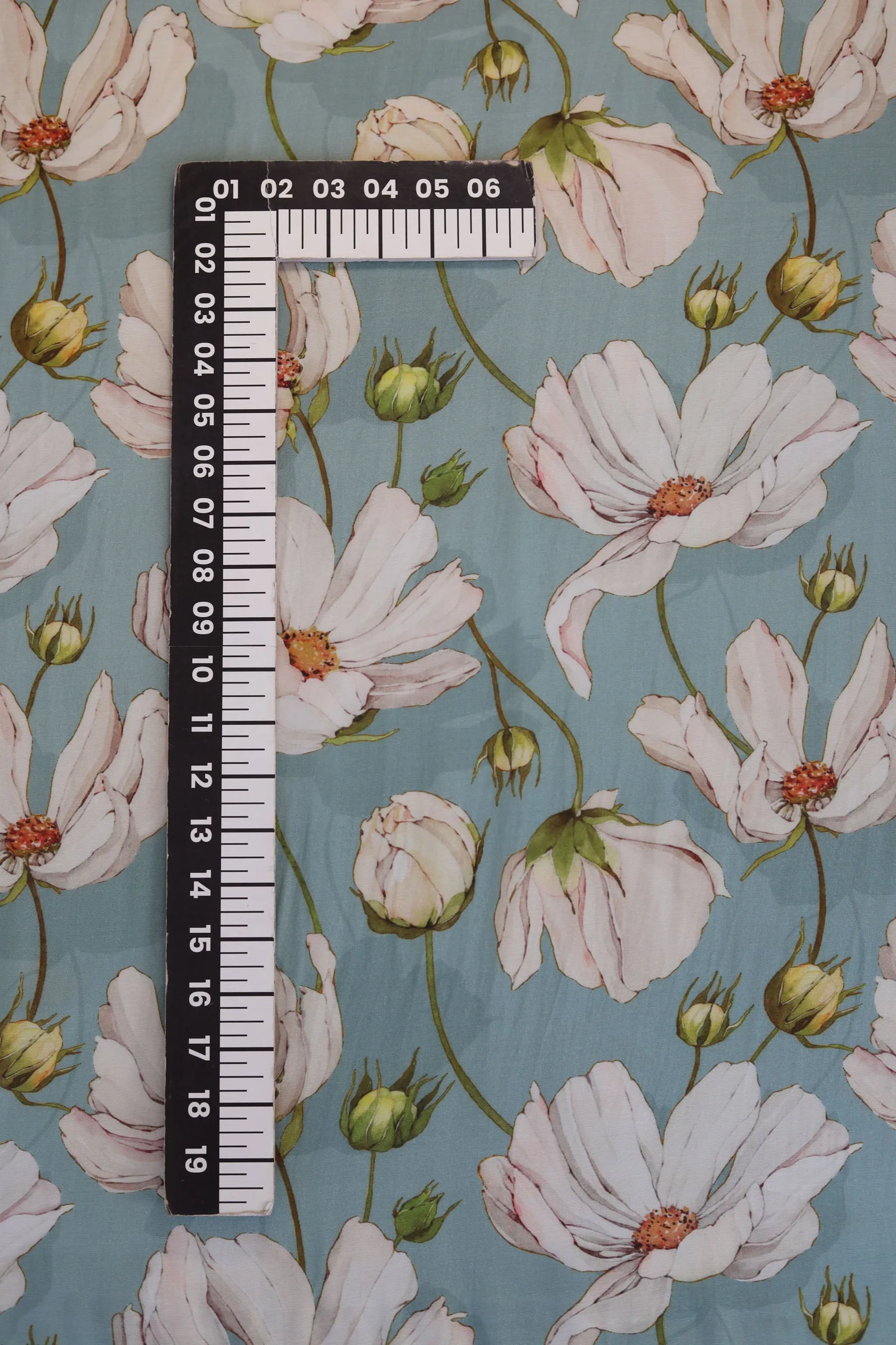 Sea Green and White Floral Pattern Printed Natural Muslin Silk Fabric