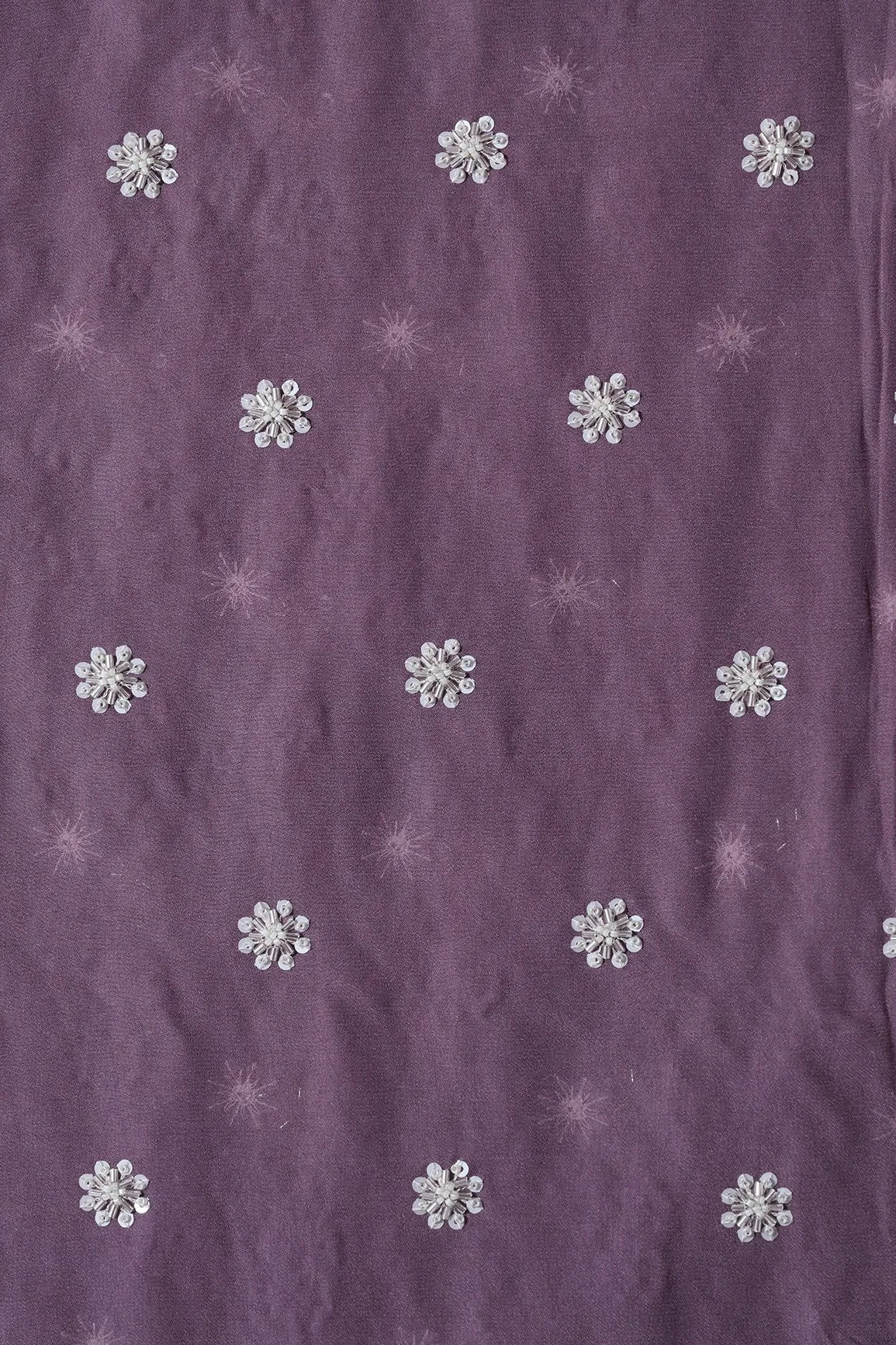 Silver Beads With Sequins Small Floral Handwork Embroidery On Viola Purple Viscose Georgette Fabric