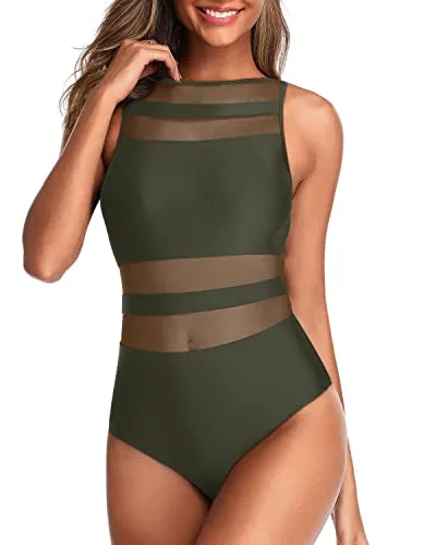 Slimming One Piece Swimsuits For Women Mesh Bathing Suits-Army Green