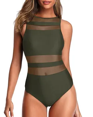 Slimming One Piece Swimsuits For Women Mesh Bathing Suits-Army Green