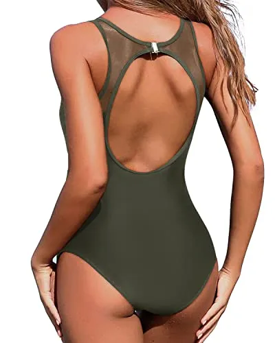 Slimming One Piece Swimsuits For Women Mesh Bathing Suits-Army Green