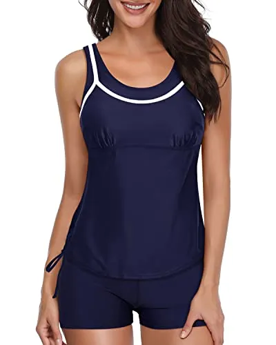 Slimming Two Piece Tankini Swimsuits Shorts For Women-Navy Blue