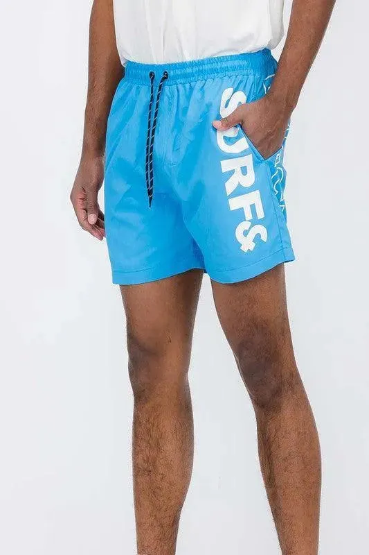 Solid Lined Beach Swim Text Swim Shorts