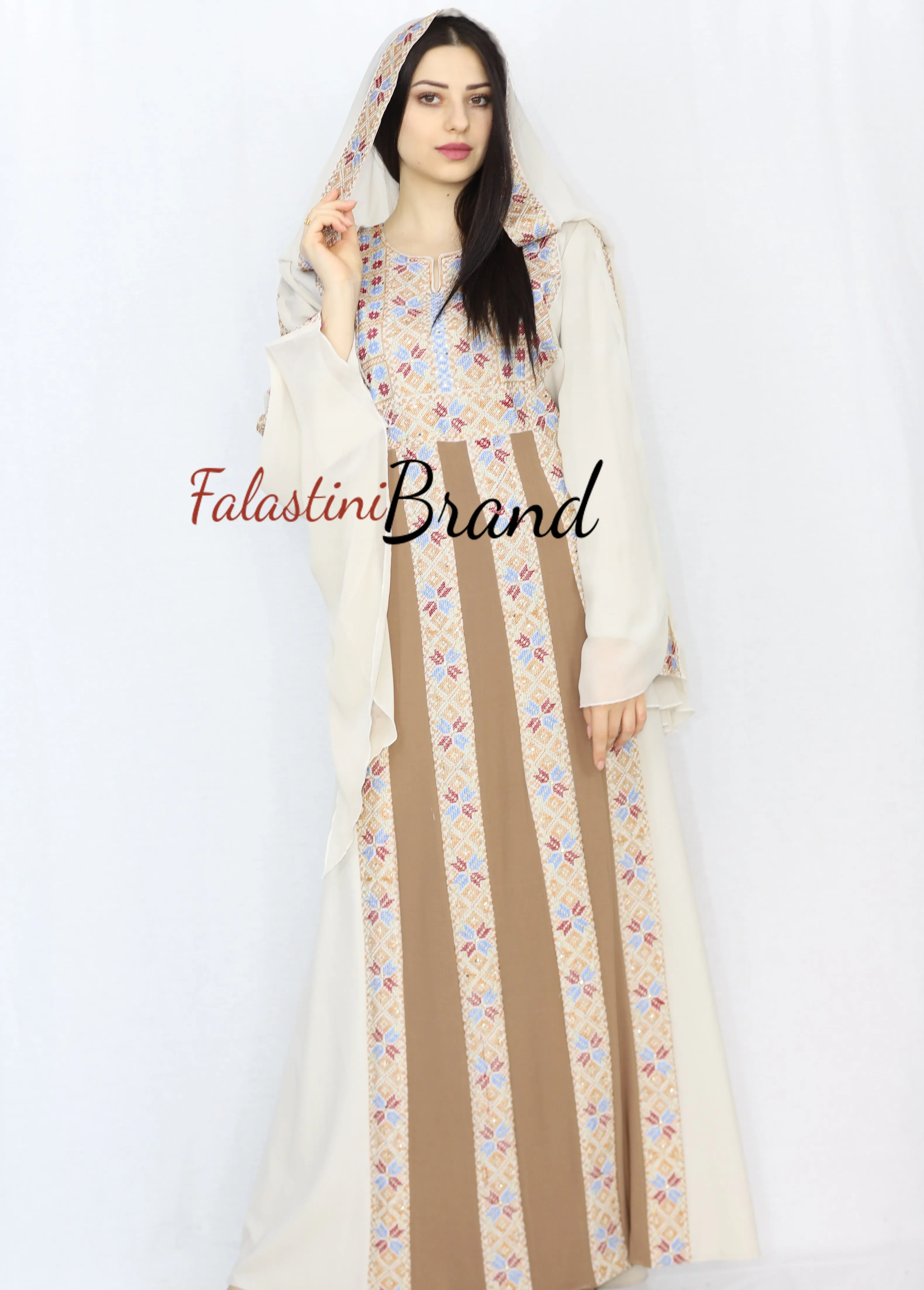 Stylish Cream Color Brown Stripes Palestinian Embroidered Dress Thobe