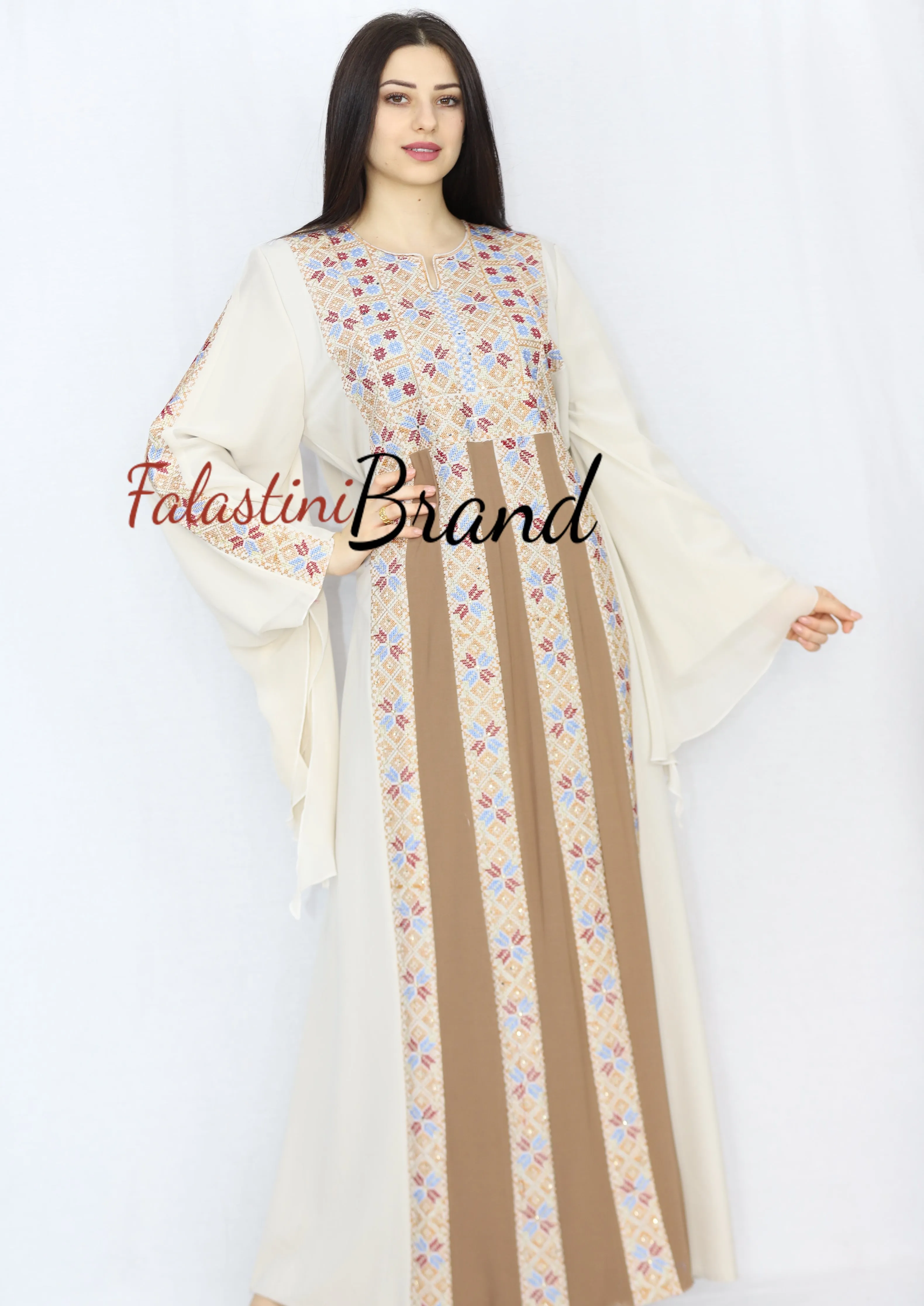 Stylish Cream Color Brown Stripes Palestinian Embroidered Dress Thobe