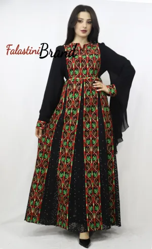 Stylish Layered Red And Green Embroidered Tobe Dress With Lace Details