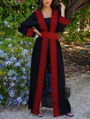 Stylish Long Black And Red  Embroidered Abaya