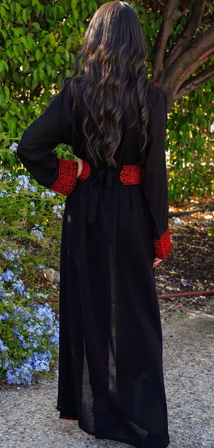 Stylish Long Black And Red  Embroidered Abaya