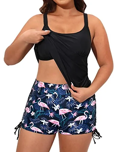 Tummy Control Bathing Suit Plus Size Swimwear For Women-Black Flamingo