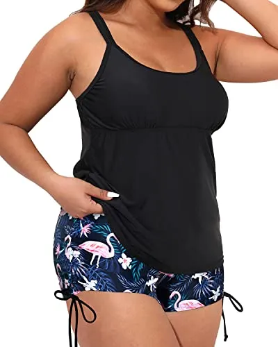 Tummy Control Bathing Suit Plus Size Swimwear For Women-Black Flamingo