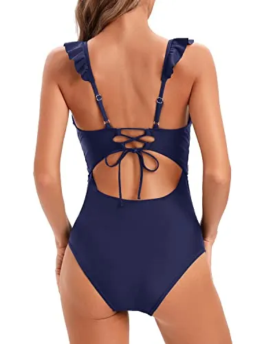 Tummy Control Ruffled V Neck Bathing Suit One Piece Swimsuit for Women