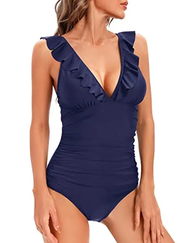 Tummy Control Ruffled V Neck Bathing Suit One Piece Swimsuit for Women