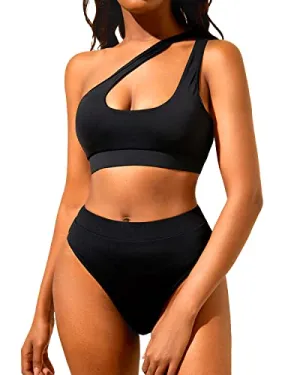 Two Piece Swimsuits for Women One Shoulder High Waisted Bikini Set