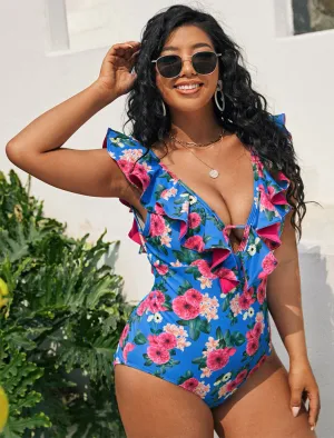 Upopby Floral Print Ruffled V Neck Tummy Control One-Piece Swimsuit