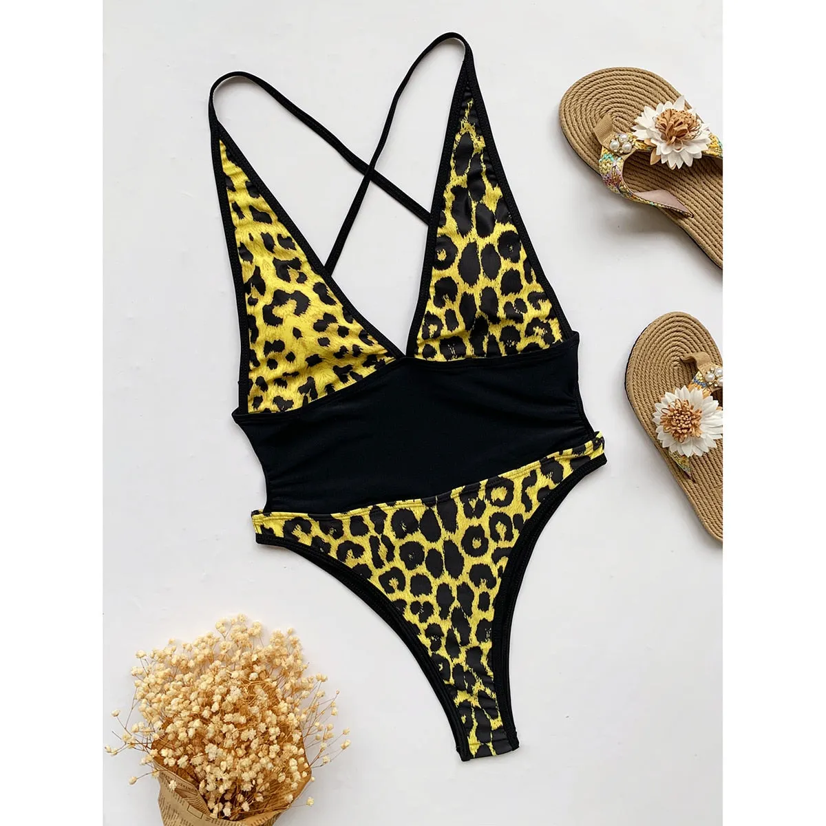 Upopby V-Neck Sexy Leopard Swimwear Belly Control One-Piece Swimsuit