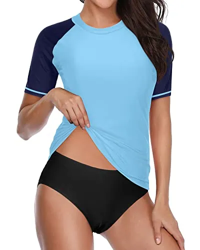 Uv Resistant Two Piece Swimsuits For Women With Short Sleeve Rash Guard-Pure Blue