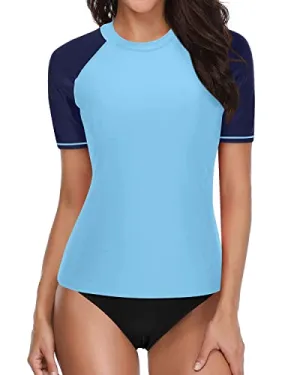 Uv Resistant Two Piece Swimsuits For Women With Short Sleeve Rash Guard-Pure Blue