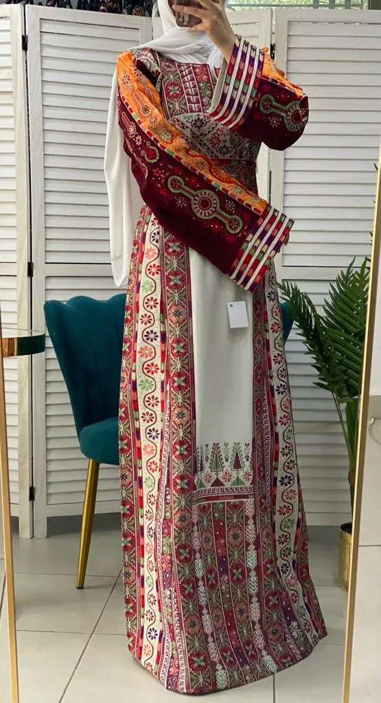 Very Unique White Palestinian Embroidered Dress with Satin and Manajil and Qasab Embroidery Details