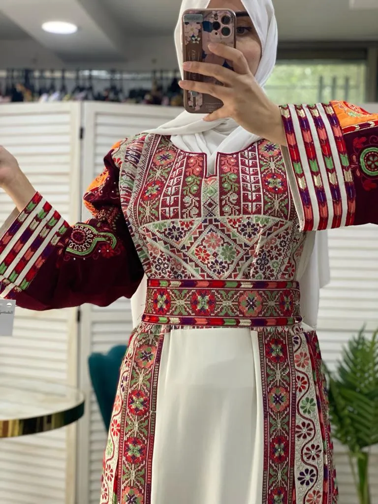 Very Unique White Palestinian Embroidered Dress with Satin and Manajil and Qasab Embroidery Details