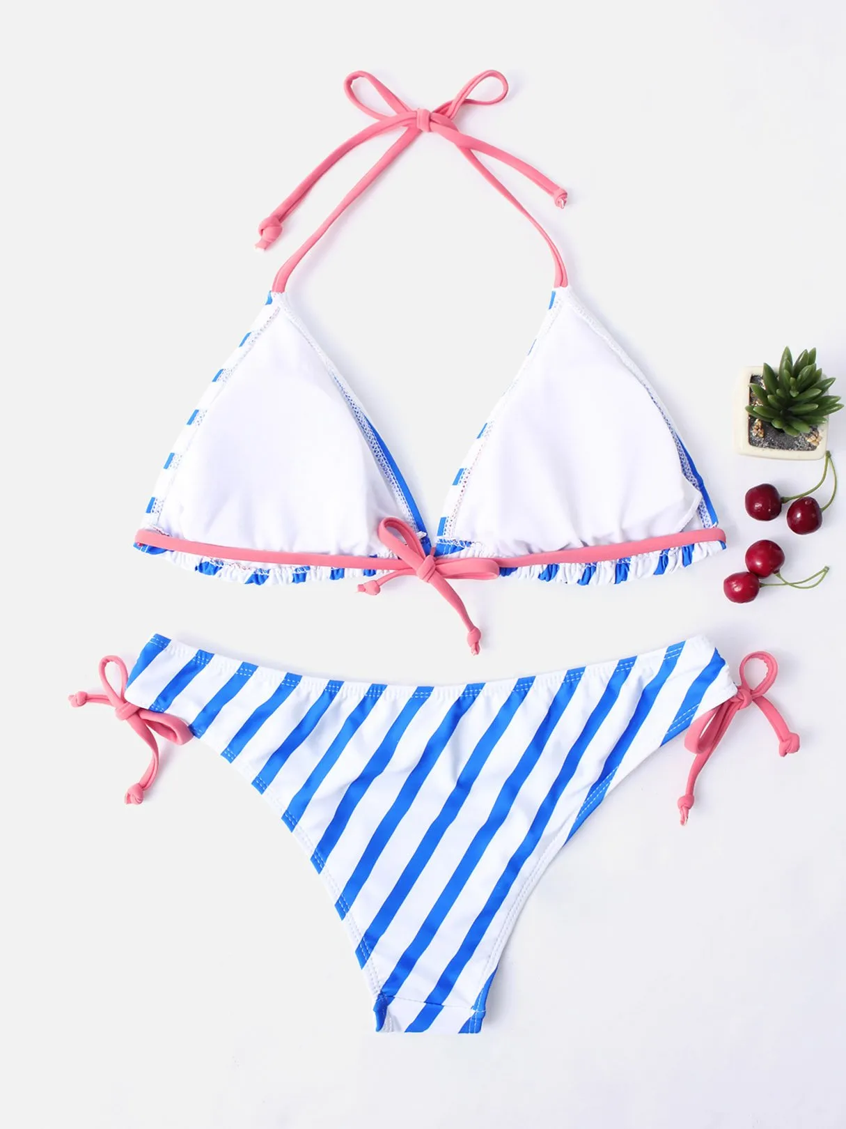 Wholesale Blue Halter Sleeveless Stripe Lace-Up Two Piece Bikinis