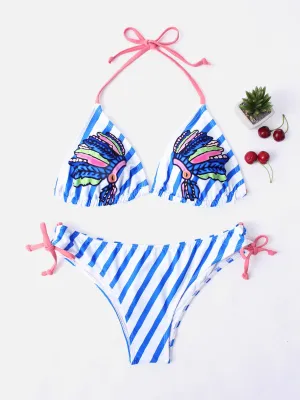 Wholesale Blue Halter Sleeveless Stripe Lace-Up Two Piece Bikinis