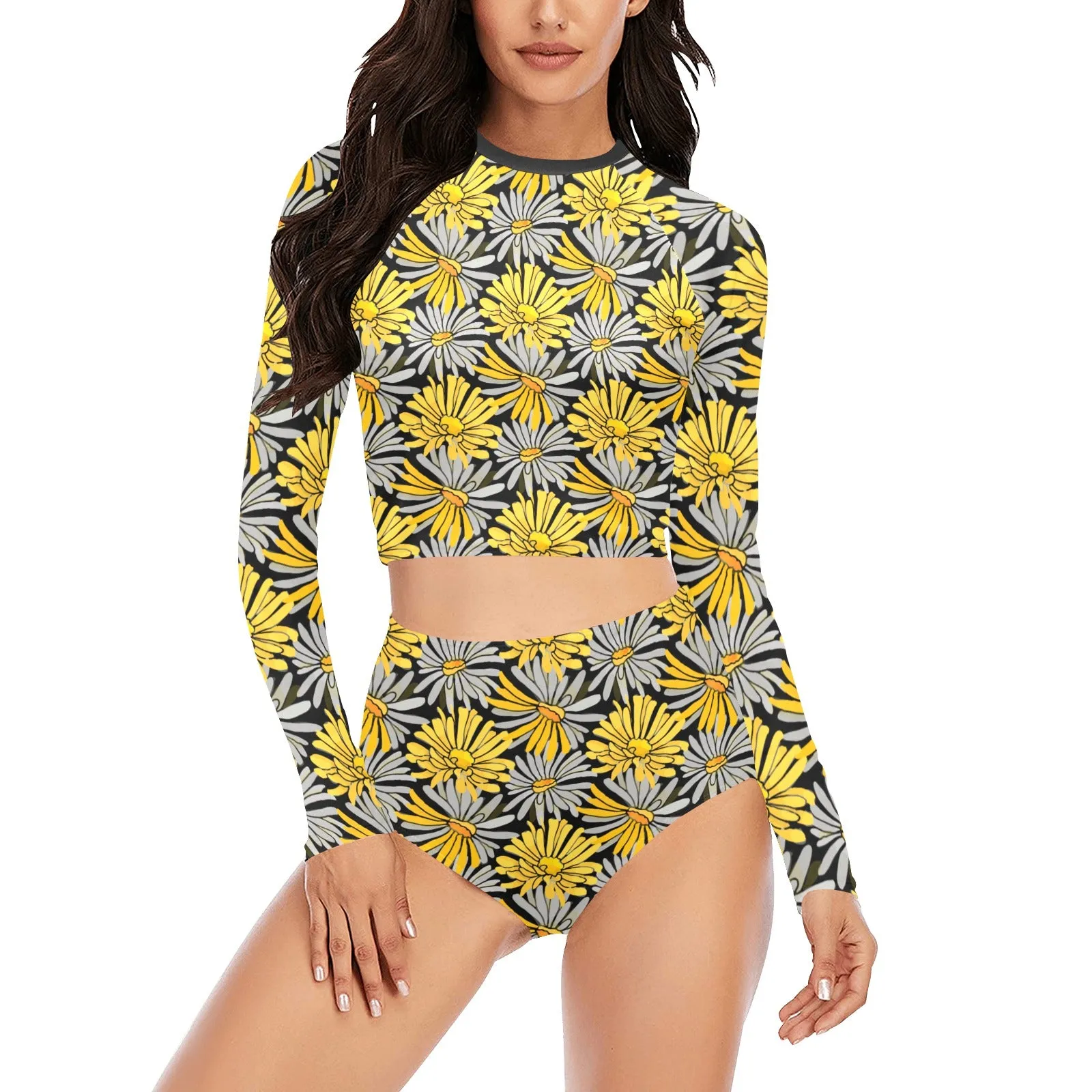 Yellow Pop Floral Long Sleeve Swimsuit Set