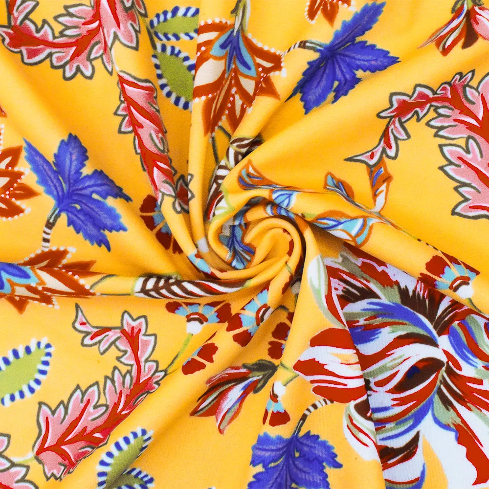 Yellow-Red-Multi Floral Printed Stretch Poly Tricot Knit Swimwear Fabric